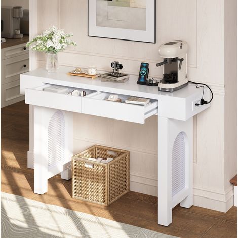 Table console en MDF blanc 120 cm avec 2 tiroirs, prise intégrée USB et pieds réglables (1/5)