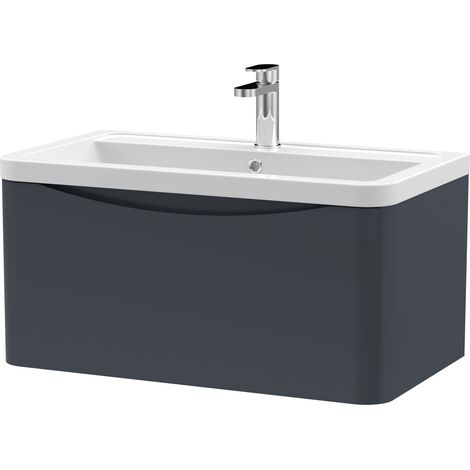Nuie Lunar Satin Soft Black 800mm Wall Hung Single Drawer Vanity Unit and Ceramic Basin - LUN1406A (1/3)