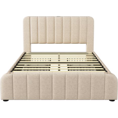 Cama doble tapizada 160 x 200 cm beige efecto lino con 4 cajones USB Type-C HOMVRA (1/5)