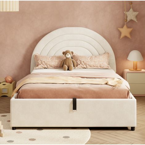 Lit enfant rembourré en velours beige 140x200 cm avec tête de lit, sommier à lattes, coffre hydraulique et matelas inclus (1/5)