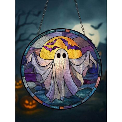 Attrape-soleil 12,5cm fantôme en vitrail, ornement de fenêtre pour Halloween (1/5)