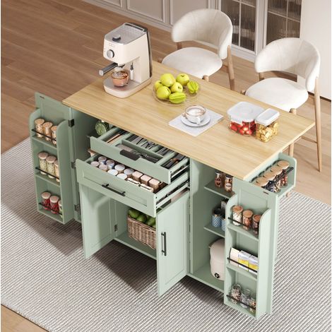 Isla de cocina móvil 136x70x92 cm en MDF verde con tablero extensible, cajón oculto y ruedas (1/5)