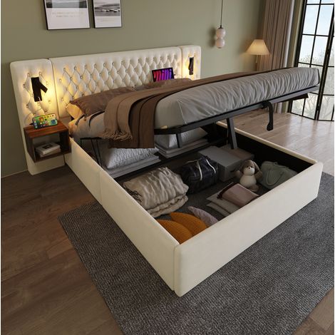Polsterbett 180x200 cm mit 2 Nachttischen, USB/USB-C-Leselampen, beige, OKMYHOME (1/5)