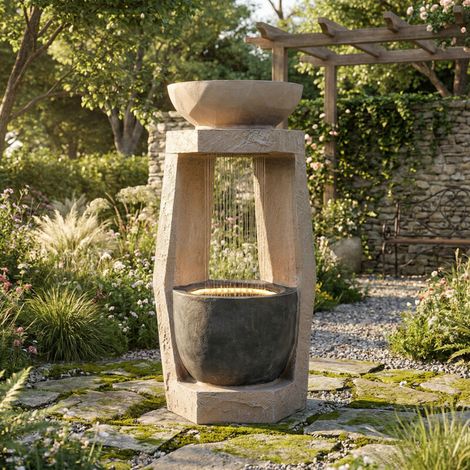 Fontaines de jardin avec éclairage LED, pompe à eau, revêtement extérieur en pierre artificielle et bassins ornementaux, fontaine de chambre, jeu d'eau pour jardin et terrasse, beige