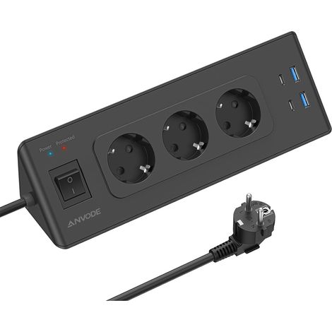 Multiprise d'angle avec 2 USB-C, multiprise 3 prises avec interrupteur pour cuisine Multiprise de bureau, protection contre les surcharges, triple prise pour la maison, le bureau, câble de 2 m (1/5)
