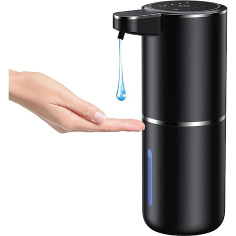 Distributeur de savon automatique, 380 ml, 4 niveaux de dosage, avec affichage LED, capteur, étanche, charge rapide USB-C, fixation murale ou sur plan de travail, pour savon liquide, noir (1/5)
