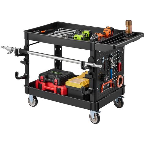 Carrello multiuso Vevor, portata 250 kg, carrello di servizio a 2 ripiani con ruote girevoli a 360° e ruote fisse (2 con freno), in plastica resistente. (1/2)