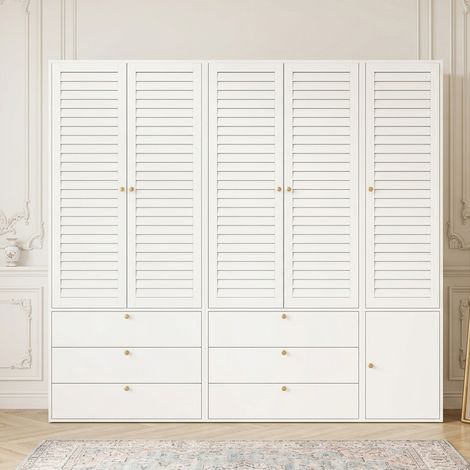 Armoire penderie 5 portes à lamelles élégantes blanche 225 ×50 ×200 cm, armoire rotative avec 3 tringles et 6 tiroirs, pour chambre et chambre enfant (1/5)