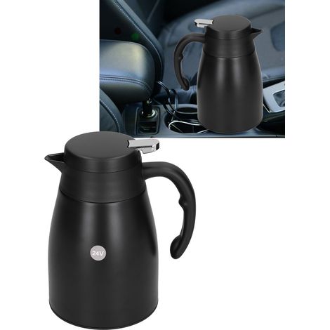 Bouilloire électrique portable en acier inoxydable 24 V 1200 ml avec base, pour voiture, camion, noir mat (1/5)