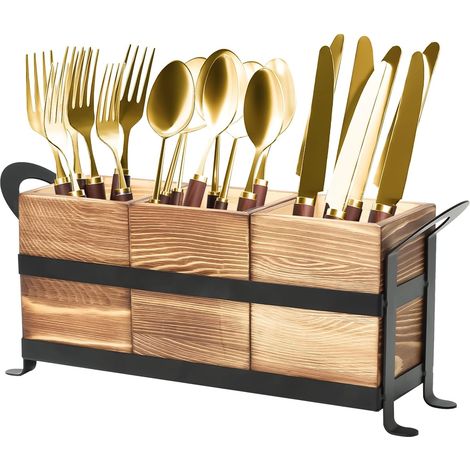 Aufbewahrungstopf für Küchenutensilien mit 3 Fächern, Besteckhalter aus Holz, Küchenutensilienhalter mit Eisenständer, Küchenutensilientopf aus Holz, Besteck-Organizer