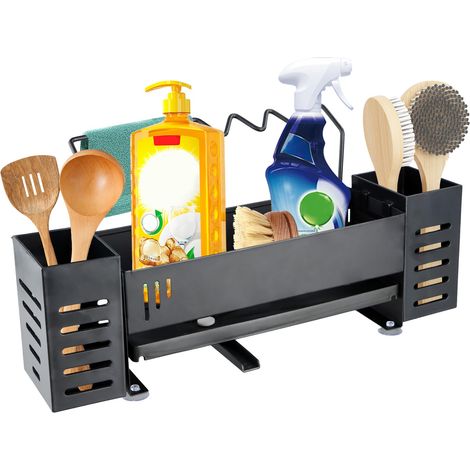 Organisateur D'évier de Cuisine,24,5x9x10,5cm Porte Eponge Evier avec Porte-Serviettes 2 Boîtes de Rangement, organisateur evier avec Bac de Vidange Automatique, Range eponge Evier Support Eponge,Noir (1/5)