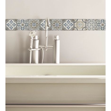 Autocollant Carreau de Ciment Effet Réel 5 cm x 180 cm - Beige, Gris, Bleu - Listel Adhésif Décoratif (1/3)