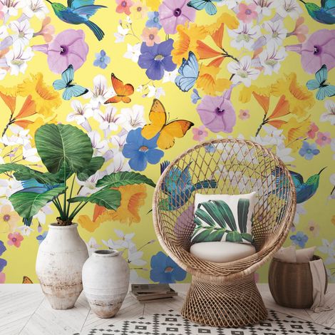 Sfondo fotografico Profhome 391971 Carta da parati TNT goffrata a caldo liscia con motivo floreale opaca giallo azzurro bianco lilla 1,59 m x 2,8 m