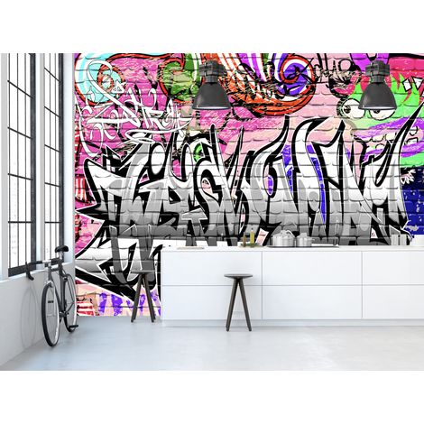 Papier peint graffiti monstre flashy, 250 cm X 270 cm, panoramique sur mur en brique (1/4)