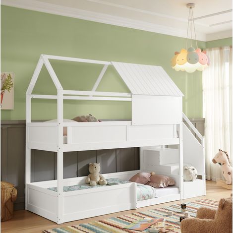 Lit superposé 2 couchages en bois blanc avec toit incliné, barrières de sécurité et escalier latéral stable, pour chambre d'enfant – de FLORAGRACE (1/5)