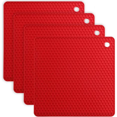 Ensemble de 4 dessous de plat en silicone, compatibles lave-vaisselle, résistants à la chaleur (jusqu'à 230 °C), antidérapants, motif nid d'abeille - rouge (1/5)
