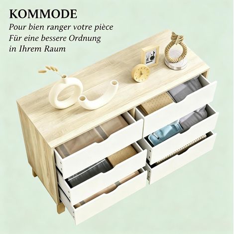 Commode de rangement 6 tiroirs en mélamine et bois blanc et chêne 120x40x76 cm (1/5)
