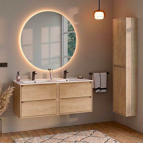 Ensemble meuble double vasque encastrée 120cm et colonne Edmé Bois (1/5)
