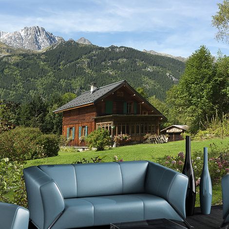 Papier peint intissé 270 cm X 250 cm - Chalet en bois, Sapins et Hêtres, Montagne. (1/2)