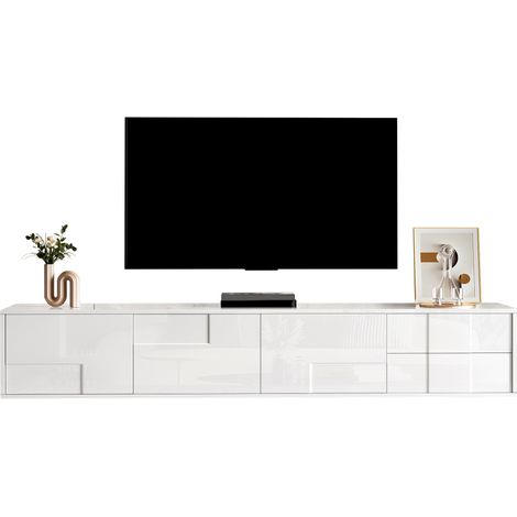 Pour un salon ordonné, meuble TV à poser ou suspendre, blanc, 170 cm, avec 3 portes et 2 tiroirs (1/5)