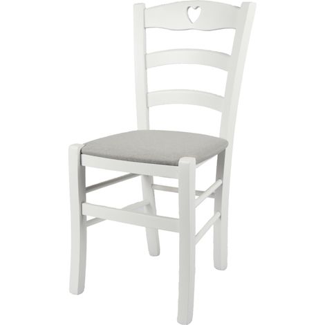 T M C S – Chaise Cuore en bois de hêtre laqué blanc – Assise rembourrée en tissu gris perle – Hauteur 88 cm – Confort optimal pour cuisine et salle à manger (1/5)
