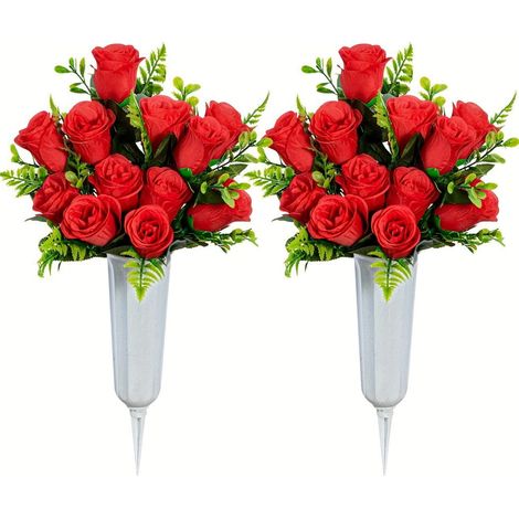 Fleurs Artificielles - Pour Sépulture - Tiges Flexibles 50 Cm - Roses en Soie Réalistes - 2 Bouquets avec Vases à Pics - Extérieur (1/5)
