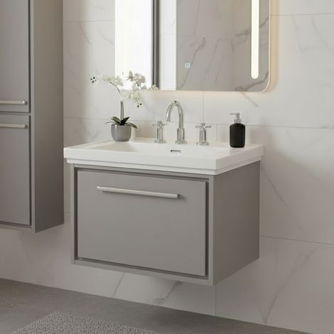 Hudson Reed Lille Wall Hung 1-Drawer Vanity Unit with 3TH Classique Basin 600mm Wide - Pebble Grey (1/5)