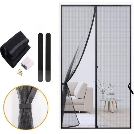 moustiquaire porte coulissante 240 x 140 cm Rideau Anti Mouche Fermeture Automatique moustiquaire porte fenetre sans Percer Facile à Installer pour Cuisine/Salon/Chambre - Noir (1/4)