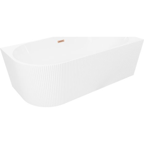 Mexen Silo vasca da bagno freestanding angolare destra rigata 150 x 75 cm, bianca, troppo pieno rame spazzolato (1/5)