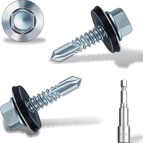 vis autoforeuses à tête hexagonale pour toiture - 4,8 x 19 mm - Vis autoforeuses pour toit avec rondelle d'étanchéité en caoutchouc - Avec douille hexagonale - Plaque de zinc (1/5)
