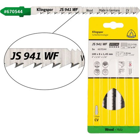 Klingspor JS 941 WF Stichsägeblätter, 100 x 5 x 1,45 mm Nutzlänge 75Crom-Vanadium, kreuzgeschliffen, konisch , 10-18 Zähne pro Zoll, SB-verpackt im Ka