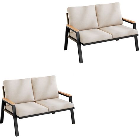 2er-Set gartenmöbel-Set, Outdoorsofa, 2-Sitzer-Sofa, verzinkter Stahl, Handläufe aus Holz-Kunststoff-Verbundwerkstoff, Industriestil, graubeige