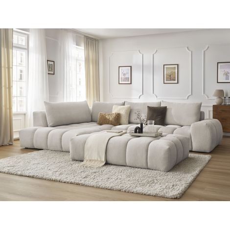 BOBOCHIC - Canapé d'angle fixe EVEREST tissu texturé avec pouf Angle gauche Beige (1/5)