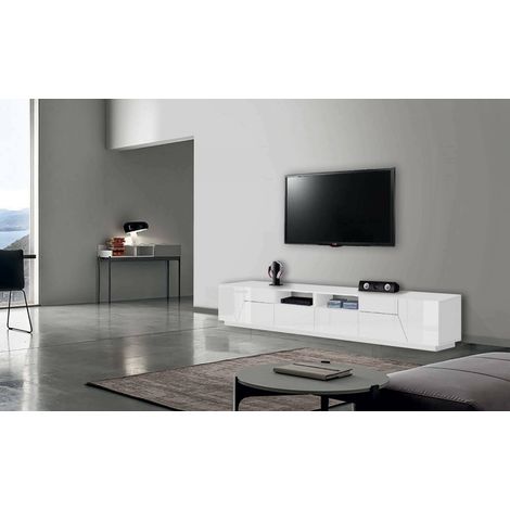 Dmora - Mueble de televisión Dfagiol, Aparador bajo para salón con 4 puertas, base soporte TV, 100% Made in Italy, cm 260x43h46, Blanco brillo (1/5)