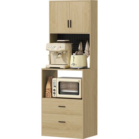 Meuble micro-ondes buffet 2 tables portes plan travail étagère réglable panneau perforé 4 crochets naturel