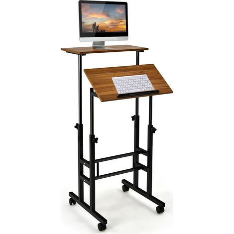 COSTWAY Höhenverstellbarer Sitz-Steh Schreibtisch auf Rollen, Mobiler Stehschreibtisch mit 2-stufiger Computerarbeitsplatz, Laptoptisch Stehpult Stehtisch Workstation für Zuhause Büro Braun (1/5)