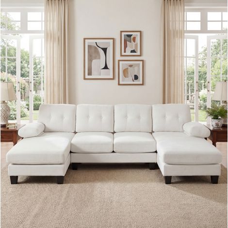 Sofá en U 268x128x84 cm beige en chenilla con doble chaise longue y reposabrazos desmontables (1/5)