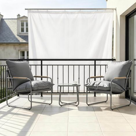 Conjunto de muebles de jardin de metal y vidrio, 2 plazas, gris, con cojines desenfundables y mesa cuadrada (1/4)