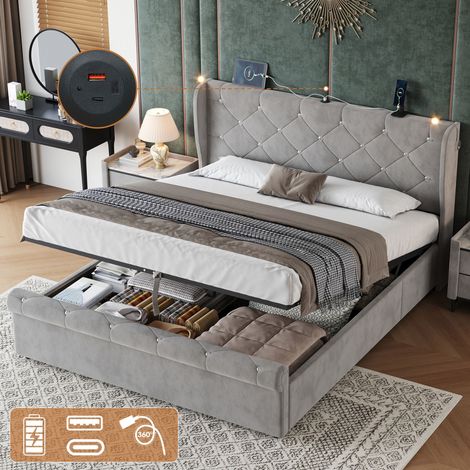 4ft6 Double Upholstered Bed Frame with Hydraulic Storage, Diamond Tufted Headboard with Charging Station and Reading Light, USB and Type - C Ports, Velvet, Grey (No Mattress)