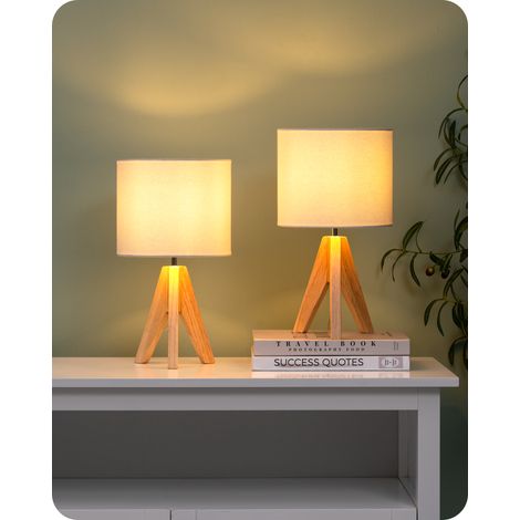 EDISHINE 2er Set Tischlampe Holz, LED Nachttischlampe mit weißem Leinen-Lampenschirm, E27 Fassung, inkl. Leuchtmittel, Vintage Tischleuchte für Schlafzimmer, Wohnzimmer, Geschenk (1/5)
