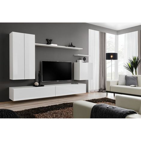 Ensemble meuble TV mural  - Switch II - 270 cm x 160 cm x 40 cm - Blanc - Livraison gratuite