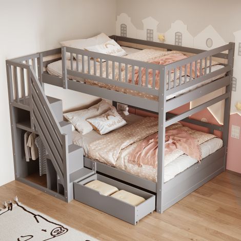 Massivholz-Etagenbett , Mit Hohem Sicherheitsgitter, Mit Lattenrost, Sicherheitsleiter mit Stauraum, Mit Stauschubladen, Kinderbett Junior Doppelbett