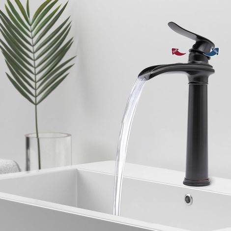 Schwarzer Bad Wasserhahn, Wasserfall Hoch Waschtischarmatur, Badarmatur mit Einstellbar Warm und Kaltwasser Einhebel, Waschbecken Mischbatterie für Badezimmer (1/5)
