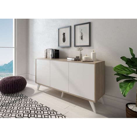 Credenza Moderna Madia 3 Ante Senza Maniglie Design Minimal Con Piedini RialzatiPer Soggiorno Ingresso Corridoio Salotto 154 x 72 x 40 Cm Bianco e Rovere