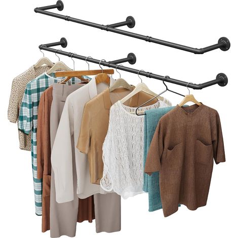 Lot de 2 Portant à Vêtements Industriel, Tringle à Vêtements Murale 184cm, Barre de Tuyau de Rail de Suspension Murale pour Chambre à Coucher en Métal Noir, Base 3