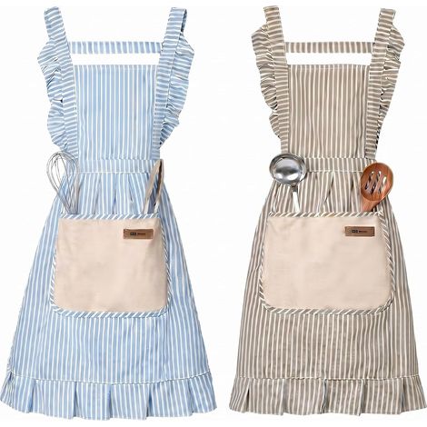 Lot de 2 tabliers de cuisine pour femme, tabliers de cuisine réglables en coton et lin avec grande poche pour sécher les mains, pour la cuisine, la pâtisserie, le barbecue, le restaurant (1/5)