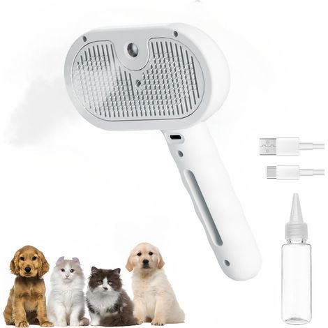 Pet Steam Brush — Suitable for Cats and Dogs  3-in-1 Steam Cat Brush with Release Button and Water Tank  Rechargeable Dog Steam Comb (White) (1/5)