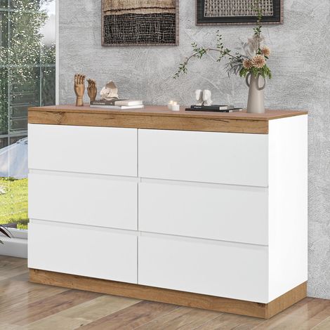 Commode 110 cm en bois, avec 6 tiroirs de rangement, adaptée pour chambre, salon et bureau, style rustique, Buffet - Blanc et couleur bois
