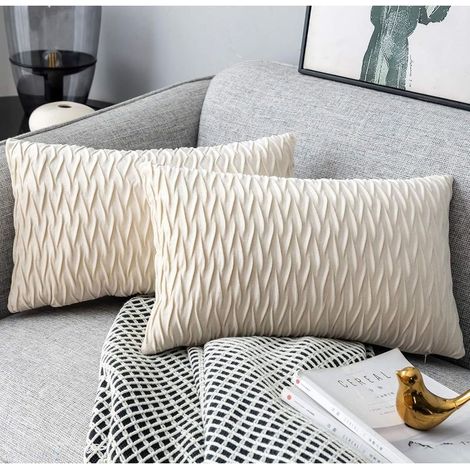 Housses Coussin en Velours 30x50cm pour Salon Canapé,Lot de 2 Housses Coussin Carrés de Motif uni Décoration Chambre,Blanc (1/5)