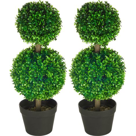 Set mit 2 künstlichen Doppelkugel-Buchsbäumen inklusive Stamm und Topf – 60 cm, grün